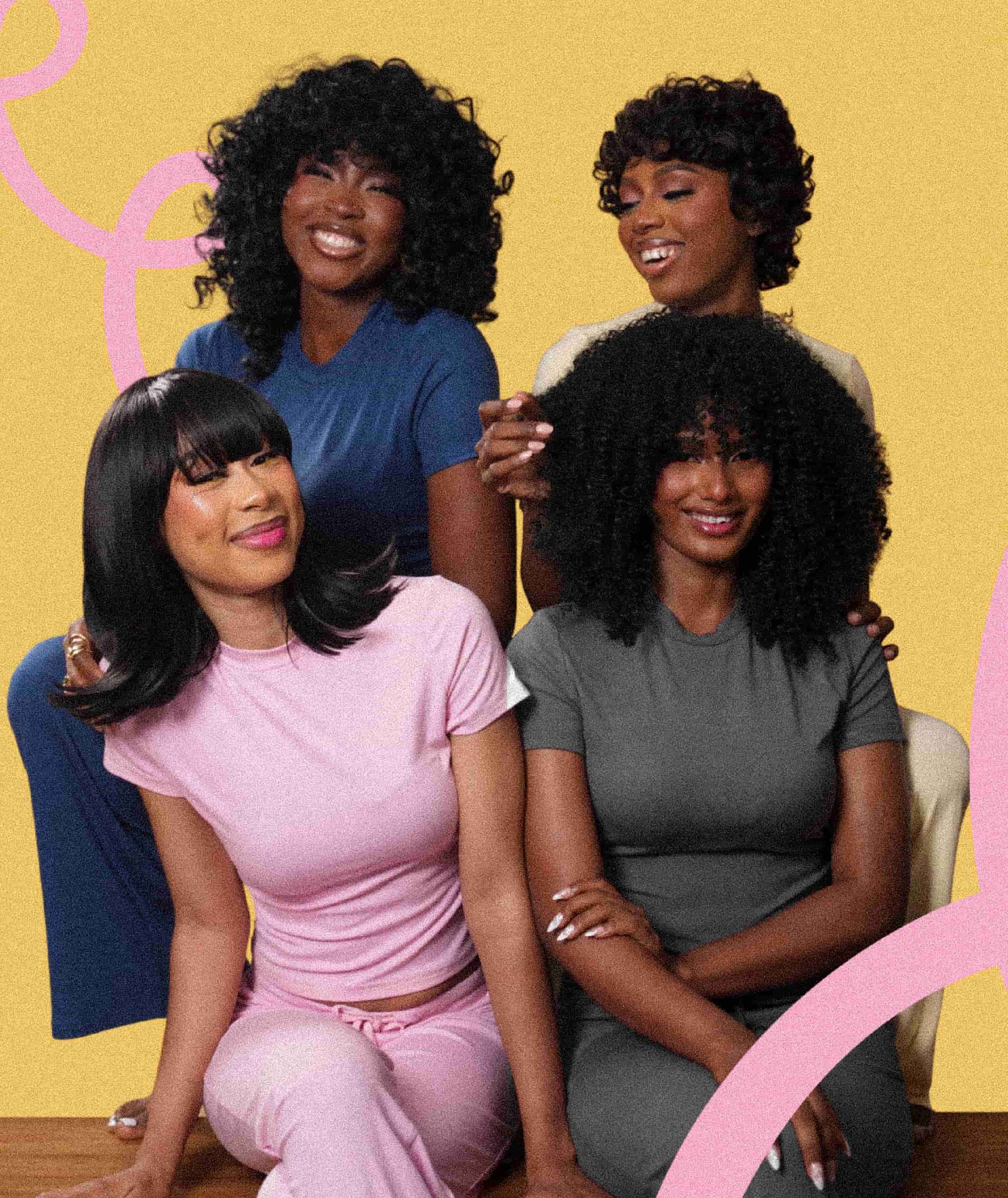 4 women: the Creator, the muse, the executive and the diva sitting together against a yellow background