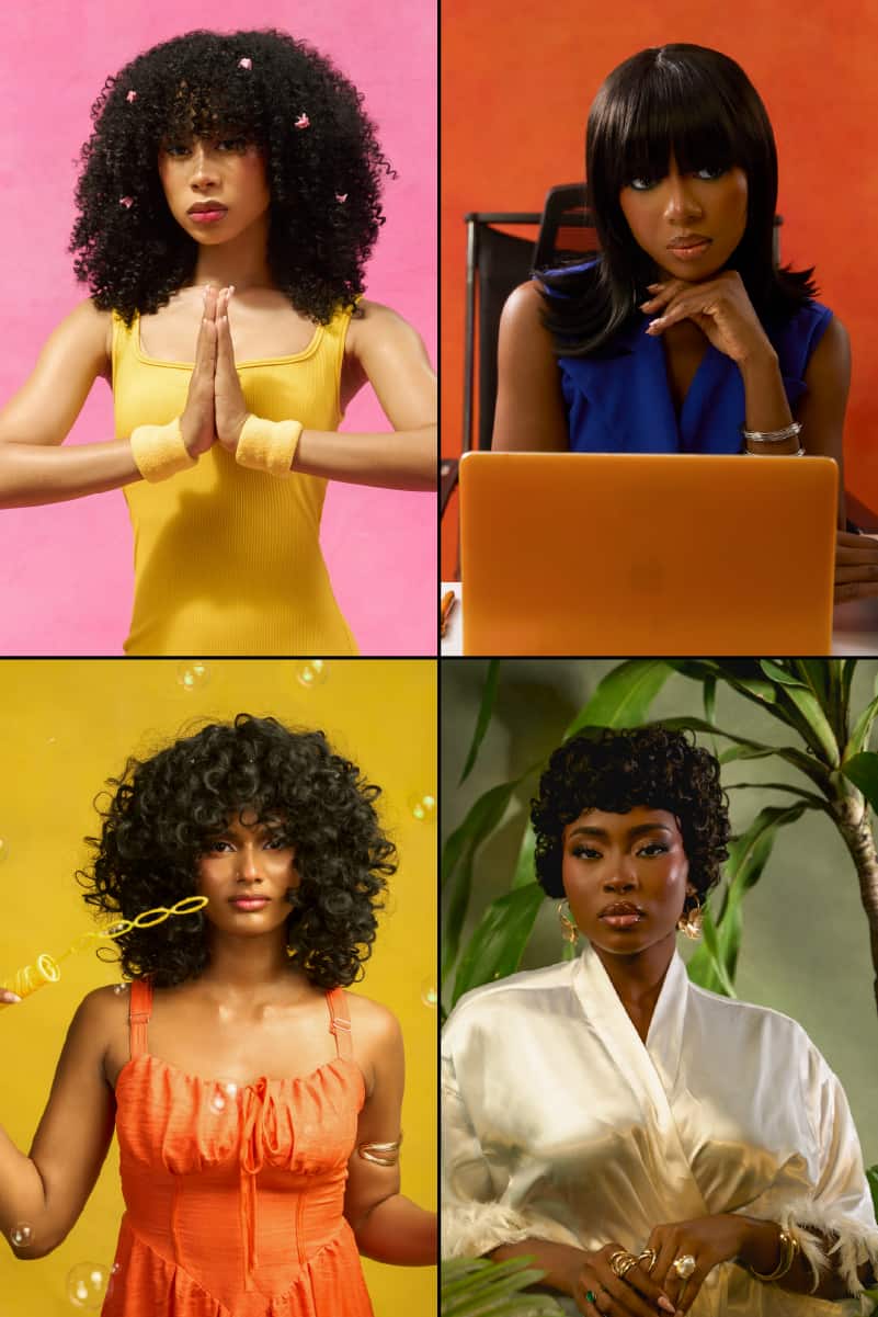 Four women showcasing Tress To Go wigs: The Diva voluminous afro, The Executive sleek bob, The Creator soft curls, and The Muse curly pixie"