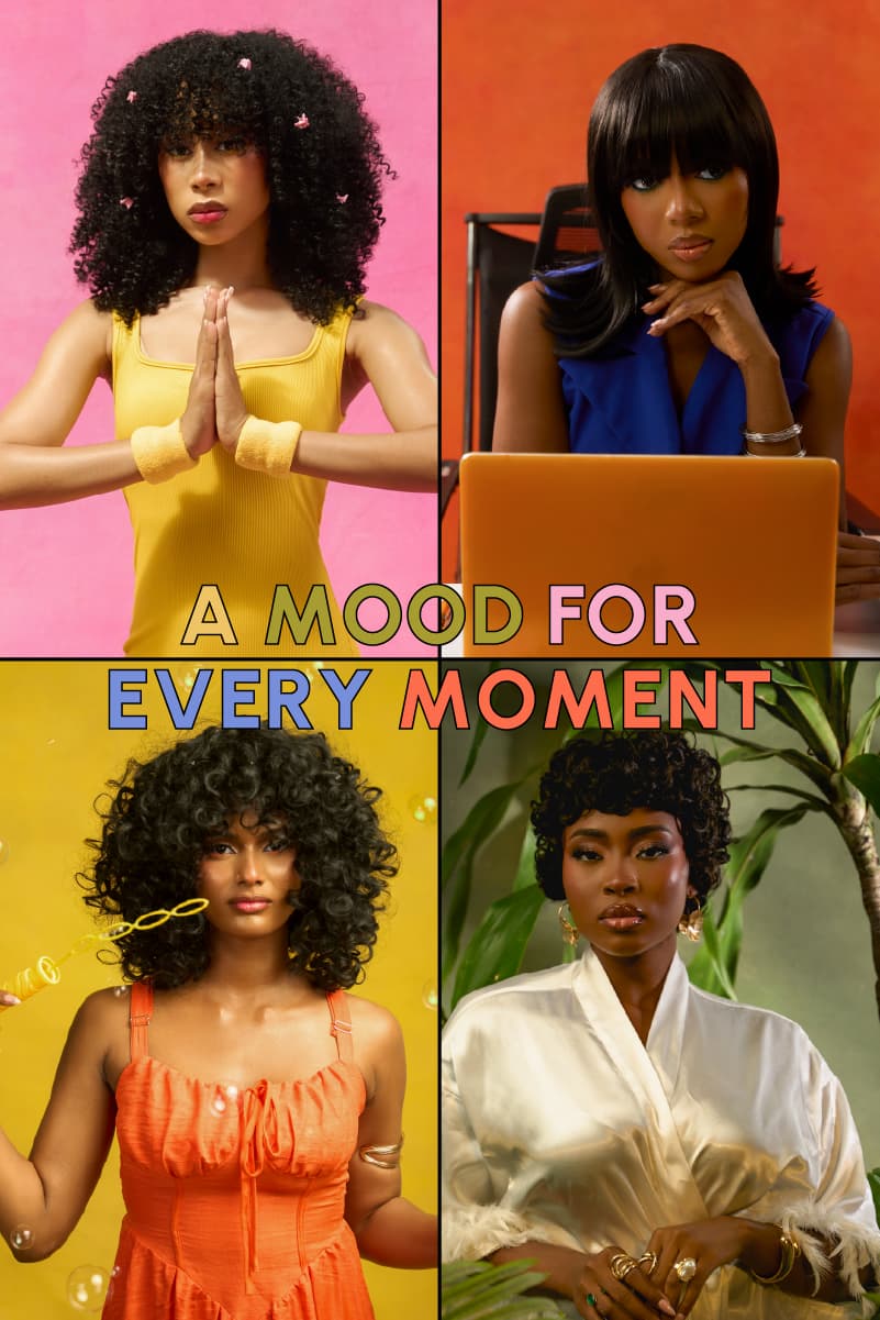 Four quadrants with women (the diva, the executive, the creator and the muse) in different poses and outfits, with text 'A Mood for Every Moment'  written across the grid